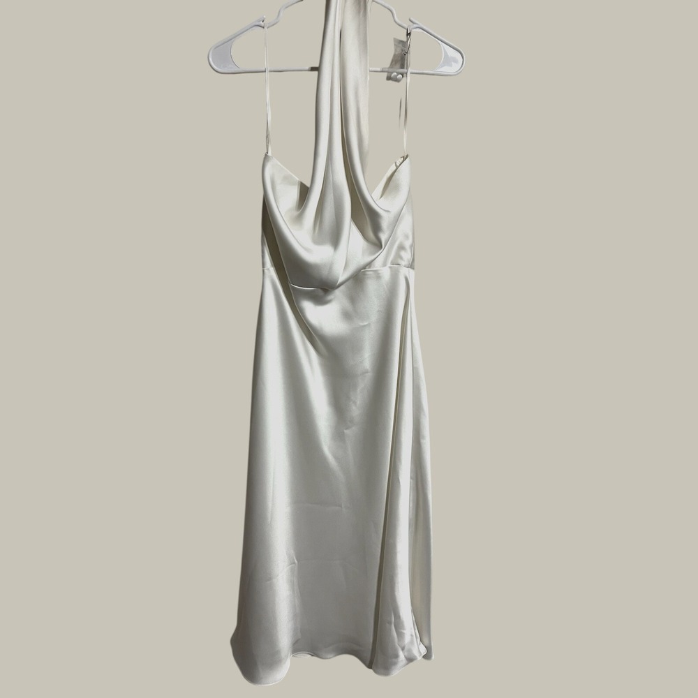 Amsale Little White Dress Ivory Satin Halter Cowl Neck Midi Dress wedding Size 8